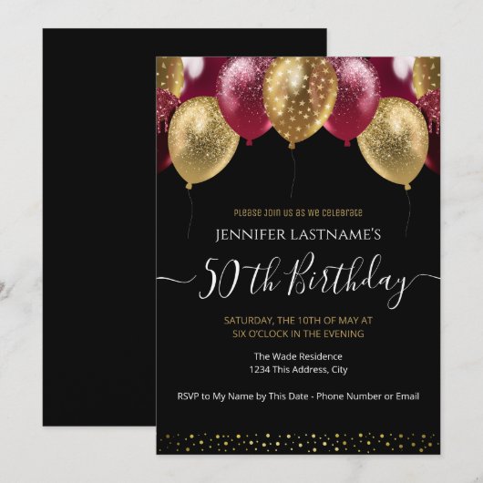 Uitnodiging 50ste verlichting rood en goud (Voorkant / Achterkant)
