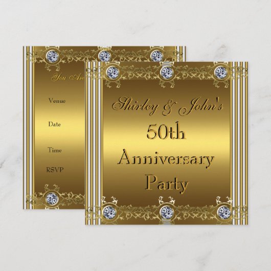 Uitnodiging 50th Wedding Jubileum Party Gold (Voorkant / Achterkant)