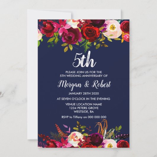 Uitnodiging 5e trouwdag met Navy Blue bloem (Voorkant)