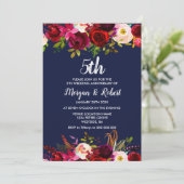 Uitnodiging 5e trouwdag met Navy Blue bloemmotief (Staand voorkant)
