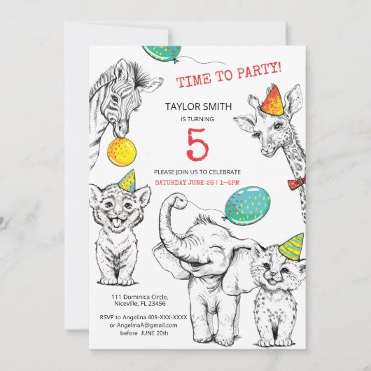 Uitnodiging 5e verjaardag met grappig schattig die (Voorkant)