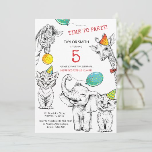Uitnodiging 5e verjaardag met grappig schattig die (Staand voorkant)