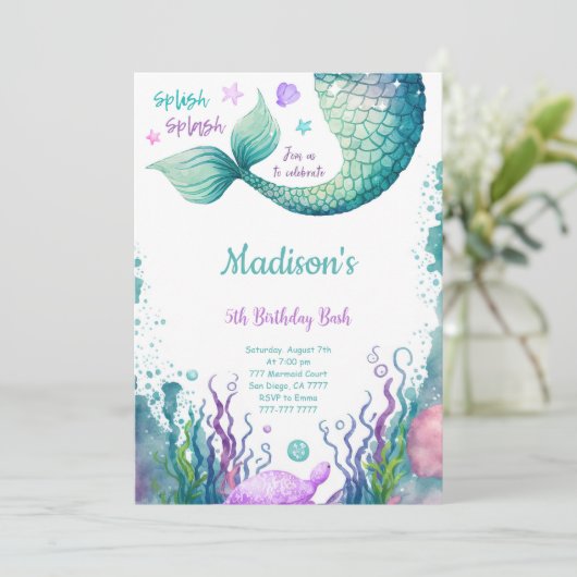 Uitnodiging 5e verjaardags zeemeermin (Staand voorkant)