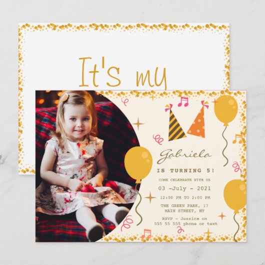 Uitnodiging 5e verjaardagsfeestje met foto informatiekaartje (Voorkant / Achterkant)