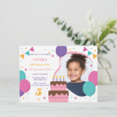 Uitnodiging 5e verjaardagsfeestje met foto informatiekaartje (Staand voorkant)