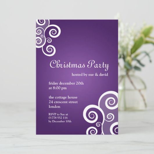 Uitnodiging 5x7 feestje Elegante krullen paars (Staand voorkant)