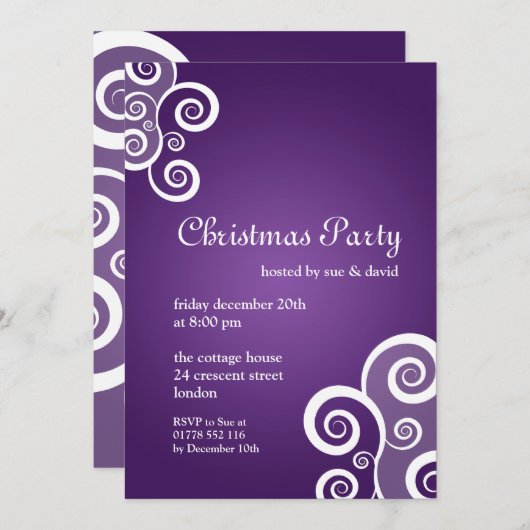 Uitnodiging 5x7 feestje Elegante krullen paars (Voorkant / Achterkant)