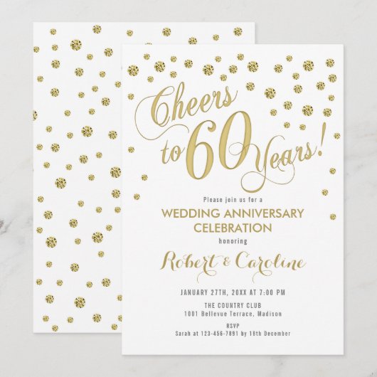 Uitnodiging 60-jarig huwelijksfeest - Goud & Wit (Voorkant / Achterkant)