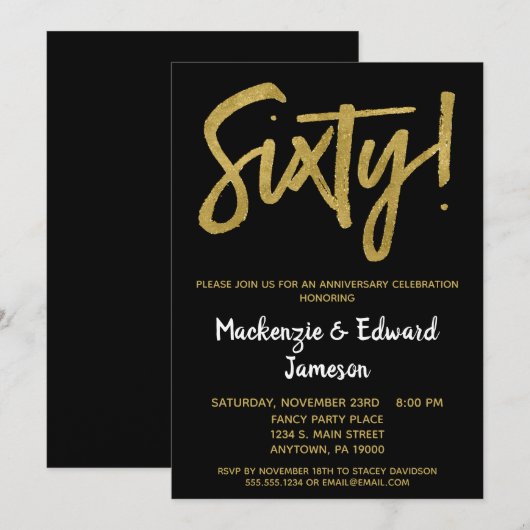 Uitnodiging 60-jarig jubileum Black Gold Script (Voorkant / Achterkant)