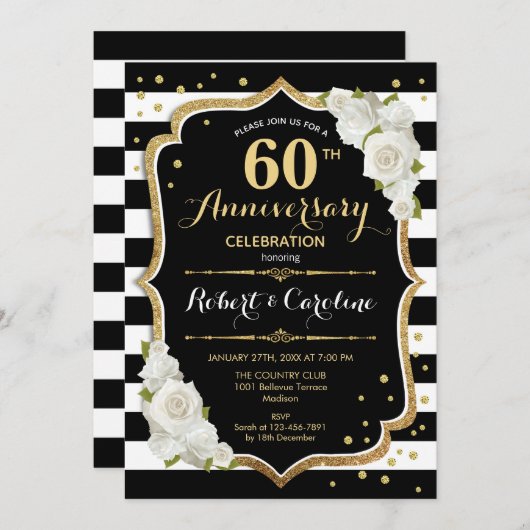 Uitnodiging 60-jarig jubileum - Zwart Wit Goud (Voorkant / Achterkant)