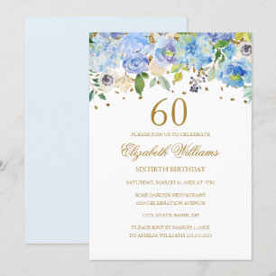 Uitnodiging 60e verjaardag Elegant Blauw Goud Bloe