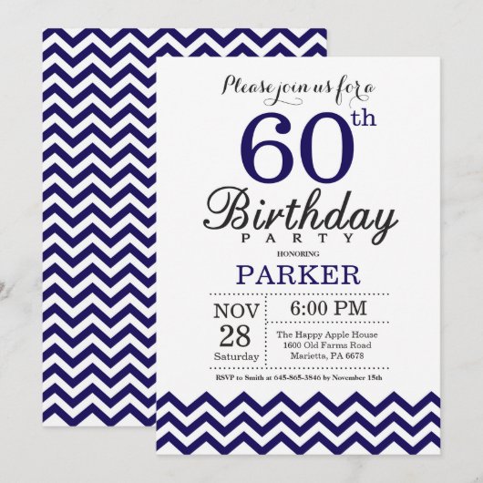 Uitnodiging 60e verjaardag Navy Blauwe Chevron (Voorkant / Achterkant)