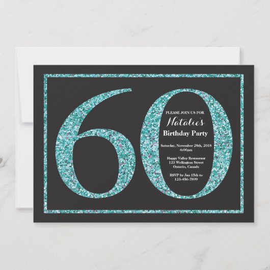 Uitnodiging 60e verjaardag Turquoise Glitterschool (Voorkant)