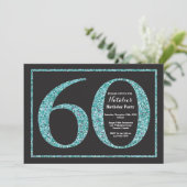 Uitnodiging 60e verjaardag Turquoise Glitterschool (Staand voorkant)