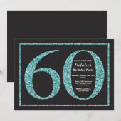 Uitnodiging 60e verjaardag Turquoise Glitterschool (Voorkant / Achterkant)