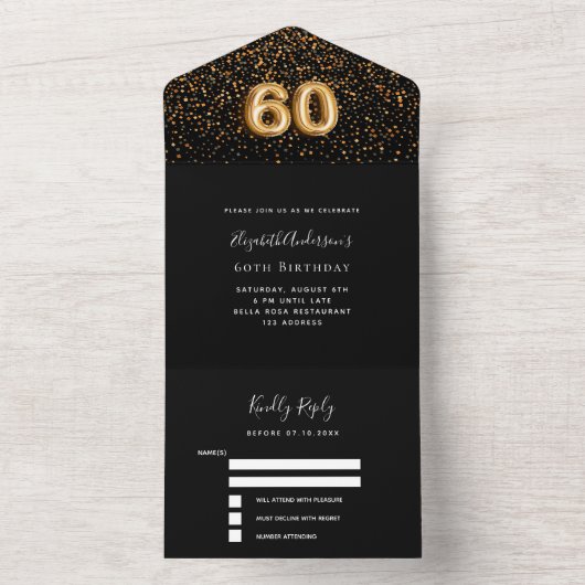 Uitnodiging 60ste verjaardag zwart gouden confetti (Binnen)