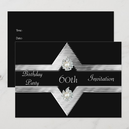 Uitnodiging 60th Birthday Black Silver Jewel (Voorkant / Achterkant)