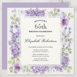 Uitnodiging 65e verjaardag Elegante paarse bloemen
