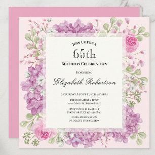 Uitnodiging 65e verjaardag Elegante roze bloemen
