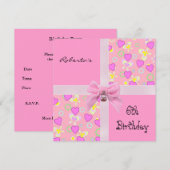 Uitnodiging 6e verjaardag Roze Hearts Bow Girl (Voorkant / Achterkant)