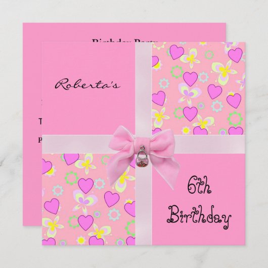 Uitnodiging 6e verjaardag Roze Hearts Bow Girl (Voorkant / Achterkant)