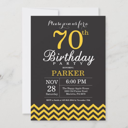 Uitnodiging 70e verjaardag Zwart en geel Chevron (Voorkant)