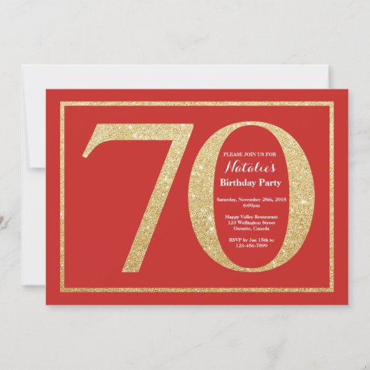 Uitnodiging 70ste verjaardag Rood en Goud Glitters (Voorkant)