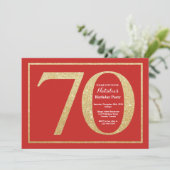 Uitnodiging 70ste verjaardag Rood en Goud Glitters (Staand voorkant)