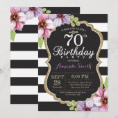 Uitnodiging 70ste verjaardag vrouwen. Bloemig Zwar (Voorkant / Achterkant)