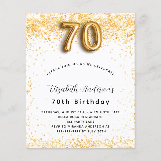 Uitnodiging 70ste verjaardag wit goud glitters bud flyer (Voorkant)