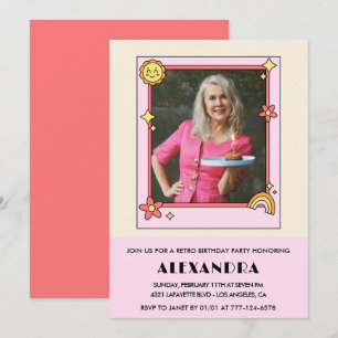 Uitnodiging 75ste verjaardag Retro Groovy Roze Blo