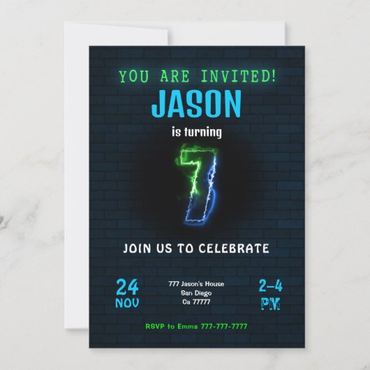 Uitnodiging 7e verjaardag jongen (Voorkant)