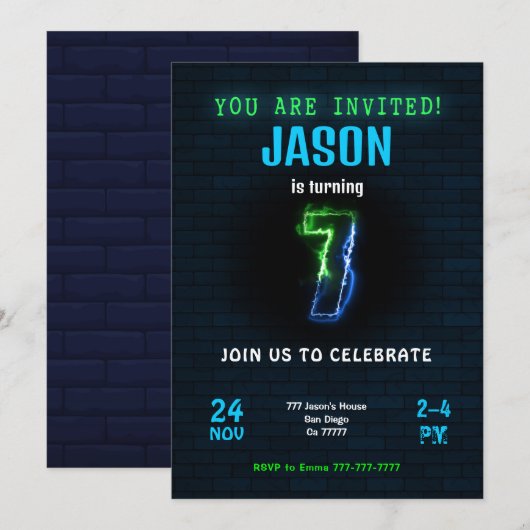 Uitnodiging 7e verjaardag jongen (Voorkant / Achterkant)