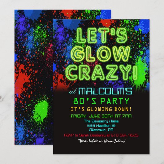 Uitnodiging 80s Eighties Glow Feest (Voorkant / Achterkant)