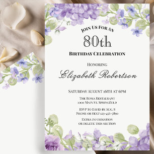 Uitnodiging 80ste verjaardag Elegante paarse bloem