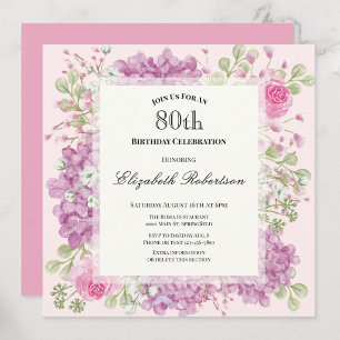 Uitnodiging 80ste verjaardag Elegante Roze Bloemen