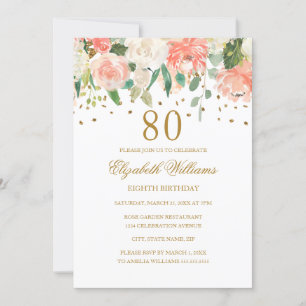 Uitnodiging 80ste verjaardag Peach Gold Bloemen