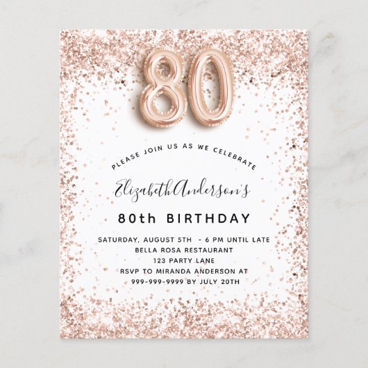Uitnodiging 80ste verjaardag roze goud wit budget flyer (Voorkant)