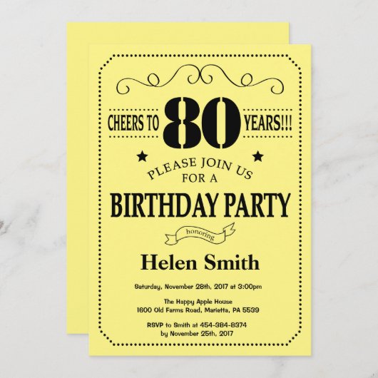Uitnodiging 80ste verjaardag Zwart en Geel (Voorkant / Achterkant)