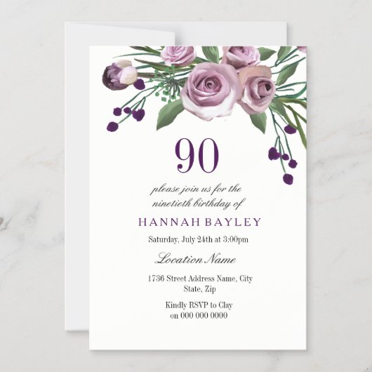 Uitnodiging 90e verjaardag: Elegant Paars Roos plu Magnetische Uitnodiging (Voorkant)