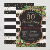 Uitnodiging 90e verjaardag. Kerstrood zwart goud (Voorkant / Achterkant)