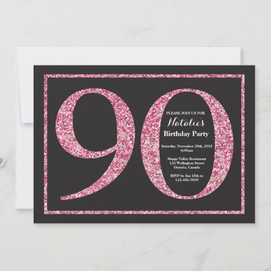 Uitnodiging 90e verjaardag Roze Glitterschoolbord (Voorkant)