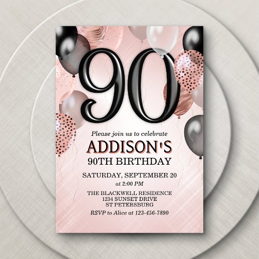 Uitnodiging 90e verjaardag roze gouden ballonnen