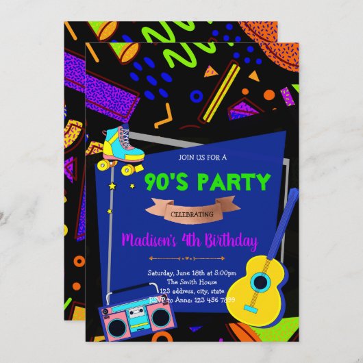 Uitnodiging 90's verjaardagsfeest (Voorkant / Achterkant)