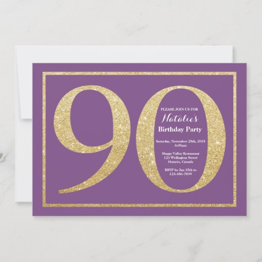 Uitnodiging 90ste verjaardag paars en gouden glitt (Voorkant)