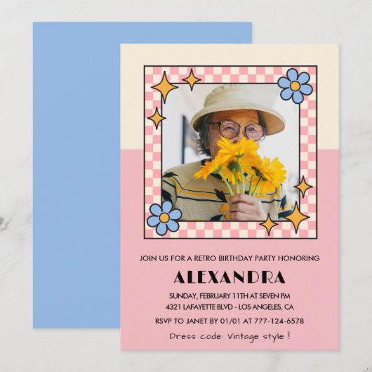 Uitnodiging 90ste verjaardag Retro Groovy Roze Blo (Voorkant / Achterkant)