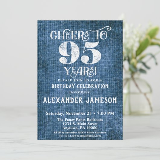 Uitnodiging 95ste verjaardag Blauw linnen rustieke (Staand voorkant)