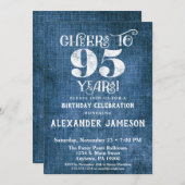 Uitnodiging 95ste verjaardag Blauw linnen rustieke (Voorkant / Achterkant)