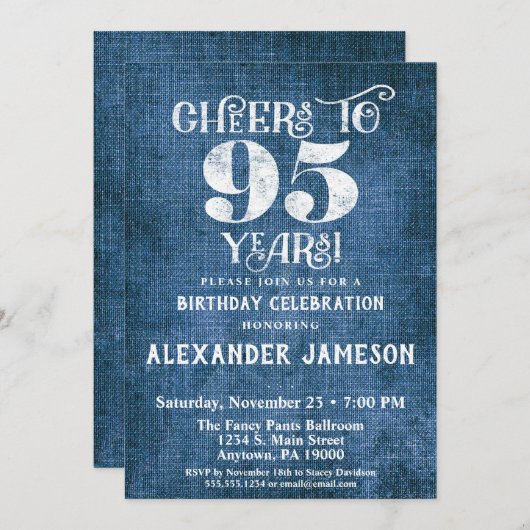 Uitnodiging 95ste verjaardag Blauw linnen rustieke (Voorkant / Achterkant)