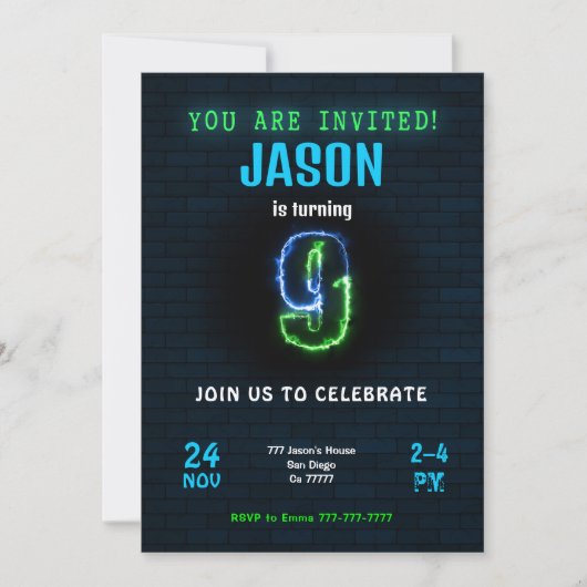 Uitnodiging 9de verjaardag jongen (Voorkant)